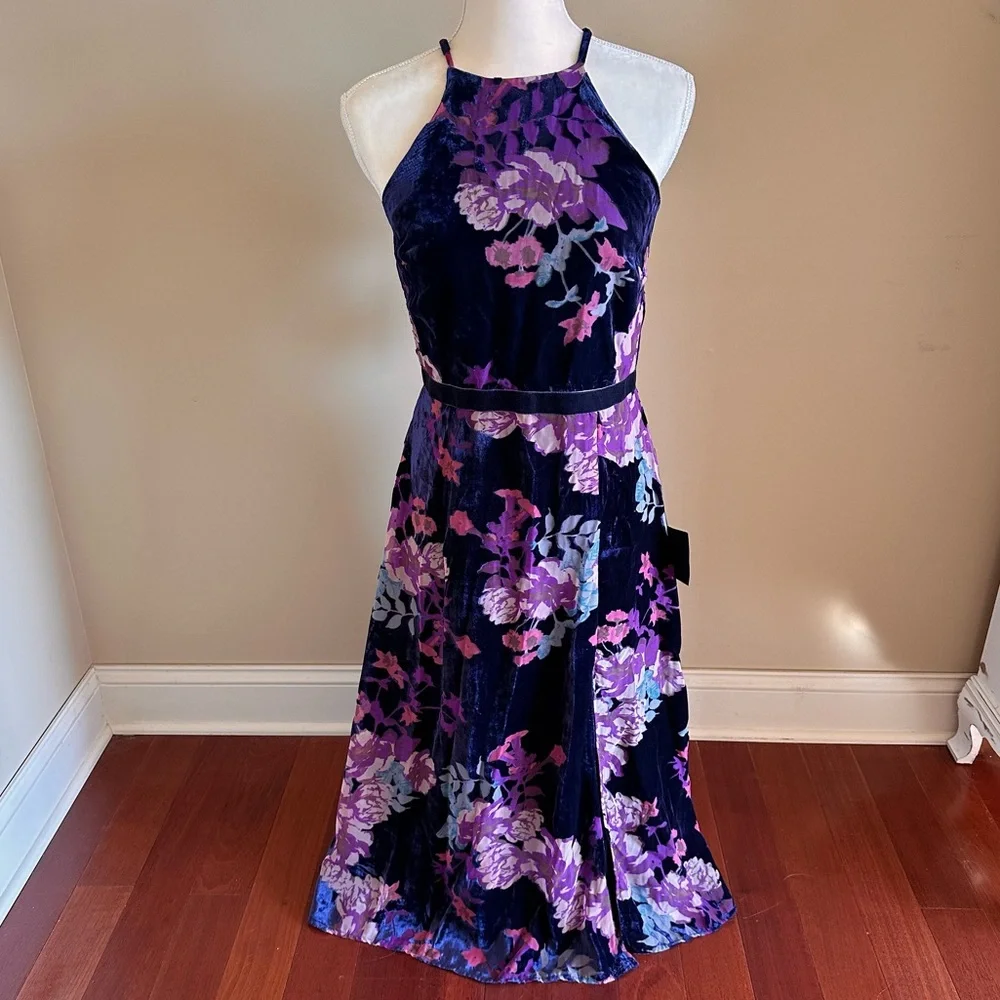 Lulus Crushed Velvet Maxi Dress Blue Purple Florals Size Medium - Picture 1 of 13